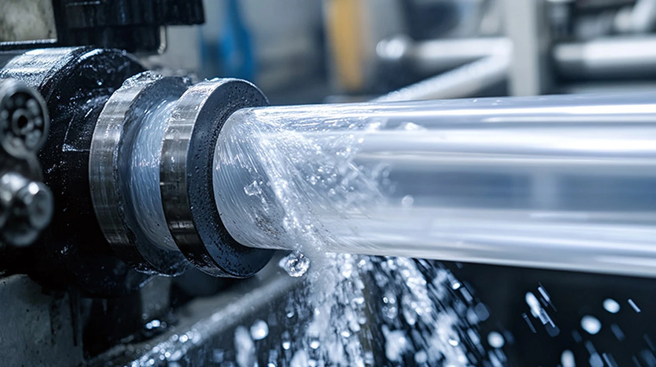 A water-jet cutting process on a plastic component.