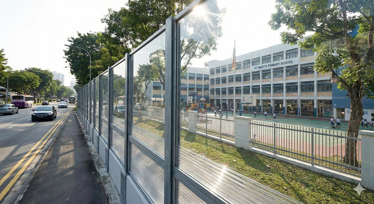 A PMMA sound wall near a school