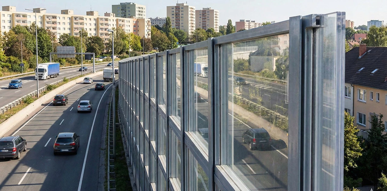 An urban soundwall made with PMMA sheets near a highway