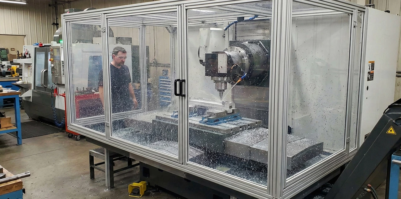 A polycarbonate protection screen in an industrial workspace.